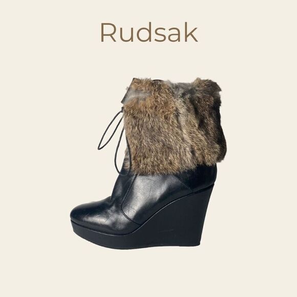 Rudsak Fur Trim Leather Wedge Heels EUR Size 39 US 8.5? - Picture 1 of 12